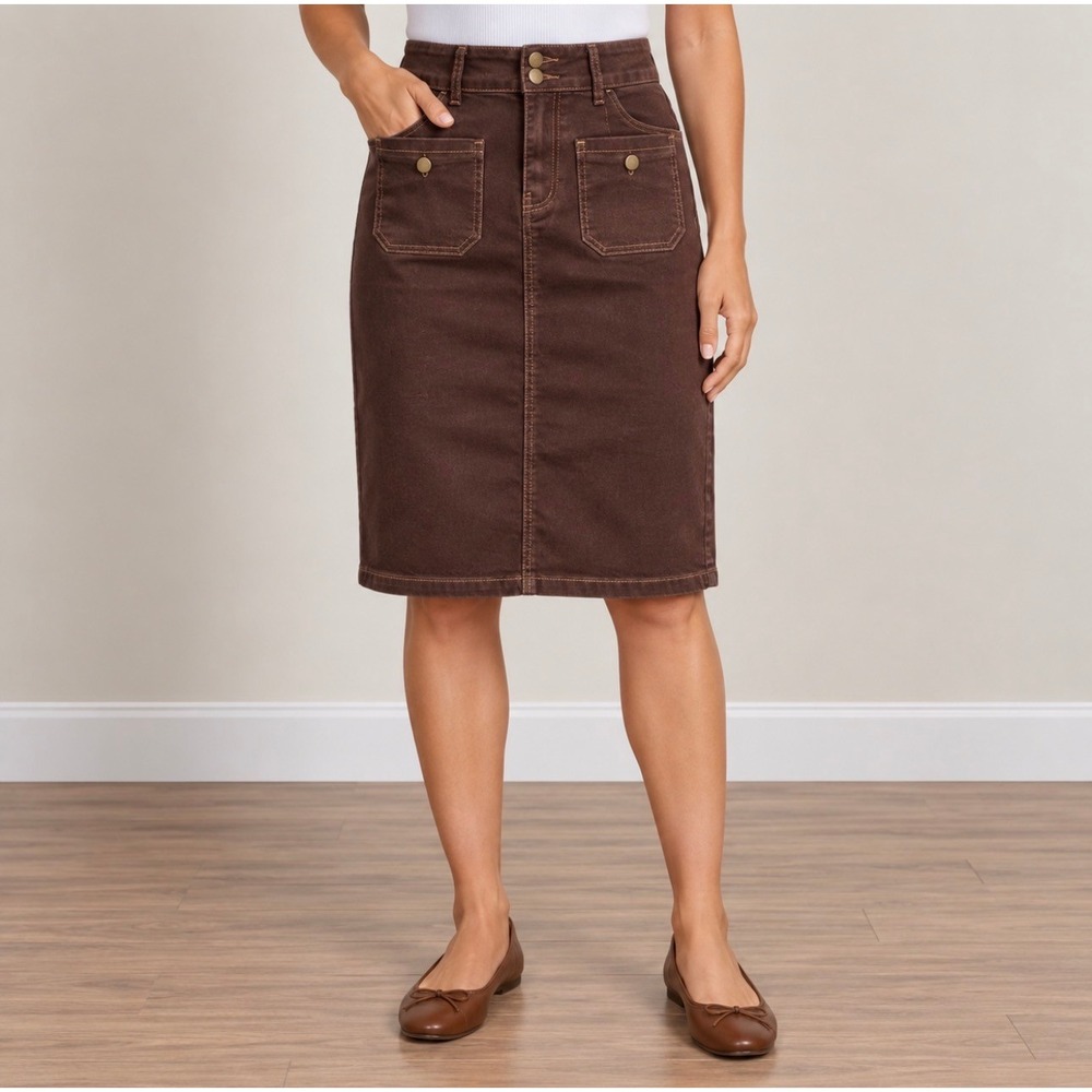 Belle Poque Denim Midi Skirt Size M Brown Good High Waist Front Pockets
